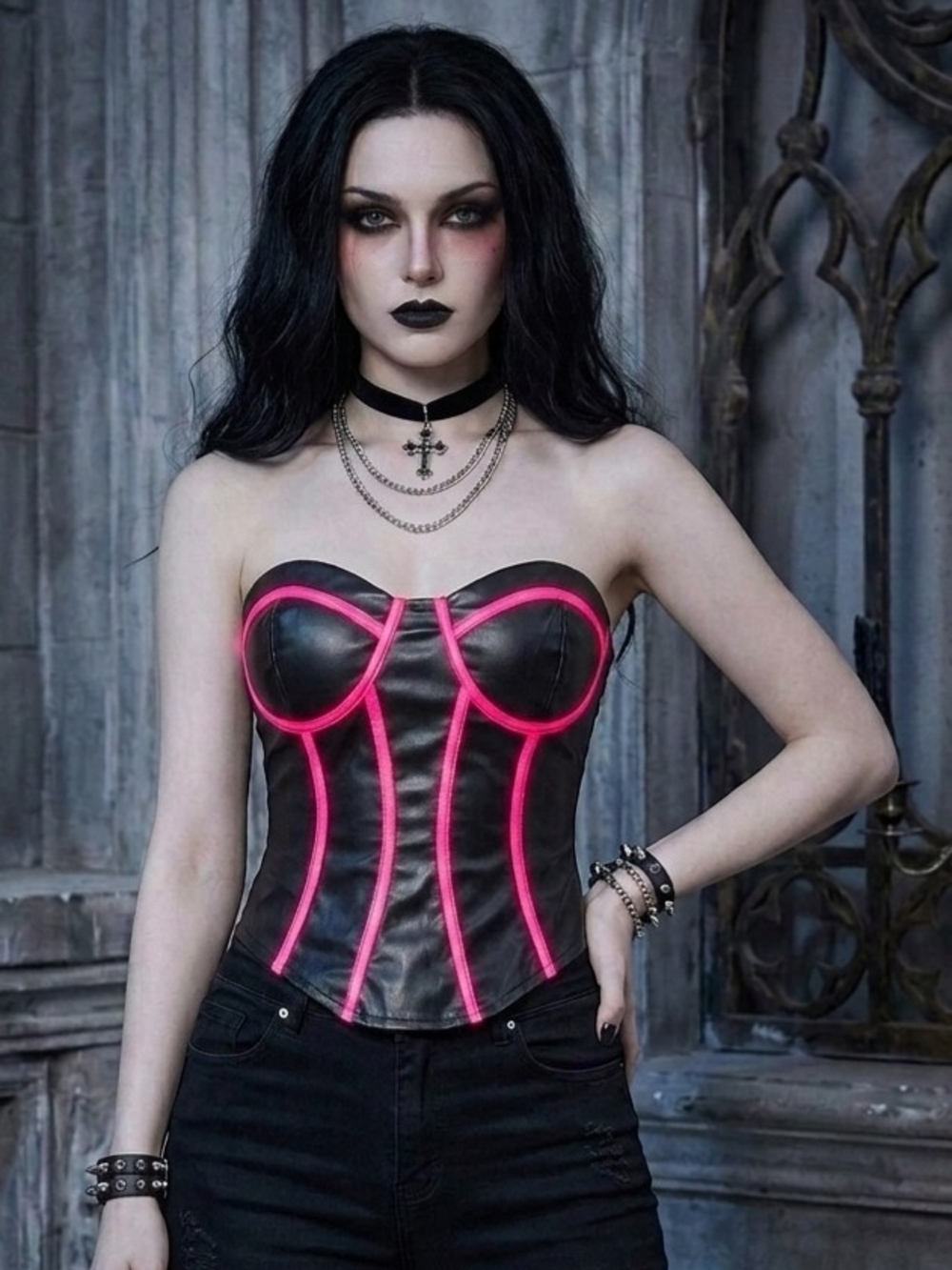 PrettyLittleThing Corset Top Black Pink Faux Leather Goth Bondage Punk Sz 4 NWT